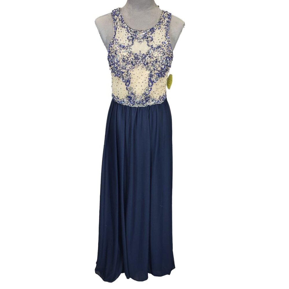 Vintage Prom Dress Sequin Hearts Navy Nude Beaded Sleeveless Formal Juniors Sz 7